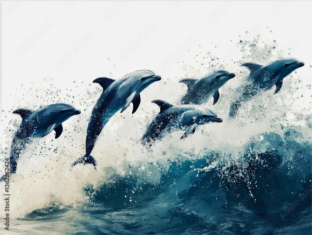 Obraz premium Dolphin Ocean Art, Whimsical Marine Life, Aquatic Fantasy 