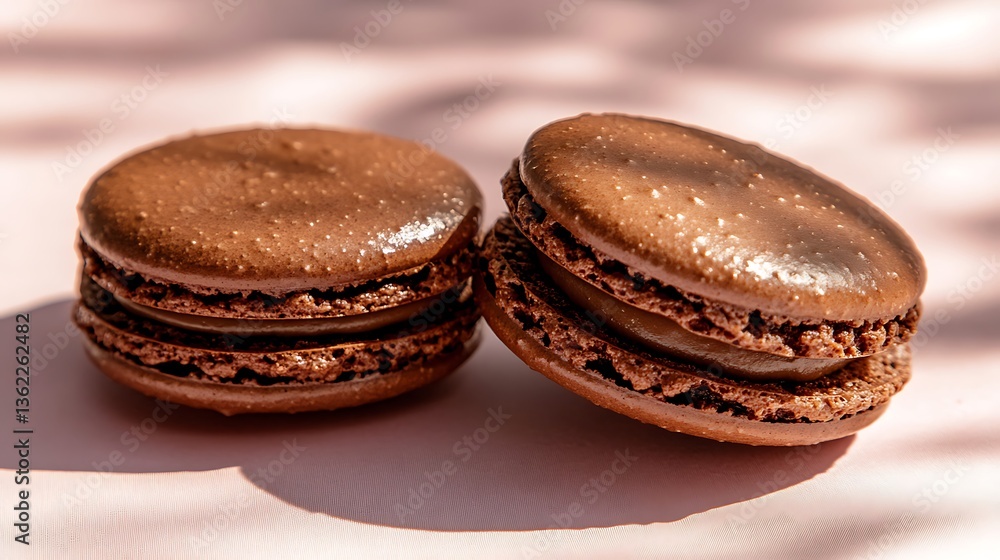 Two delicious chocolate macarons are displayed against a light pink surface