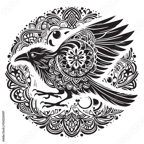 Black Color Raven Silhouette Vector Illustration, Solid White Background