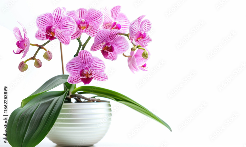 Naklejka premium Vibrant pink orchid in a white ceramic pot on a white background. Aesthetic indoor plant for home decor, floral designs, and botanical photography.