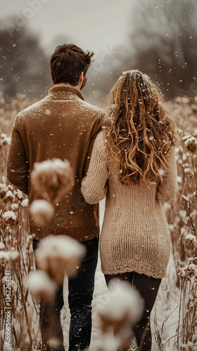 Couple walking outdoors in the snow