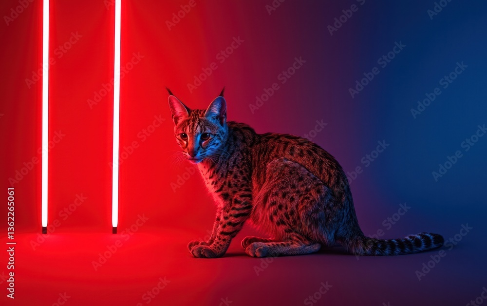 Obraz premium A bobcat sits in a studio setting, illuminated by vibrant red and blue neon lights. The cat is in sharp focus against a blurred background. 