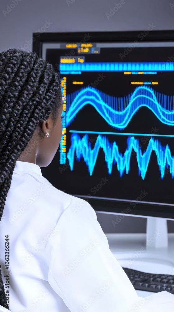 Young Black female scientist analyzes CRISPR data on futuristic computer screen Young Black female scientist analyzes CRISPR data on futuristic computer screen