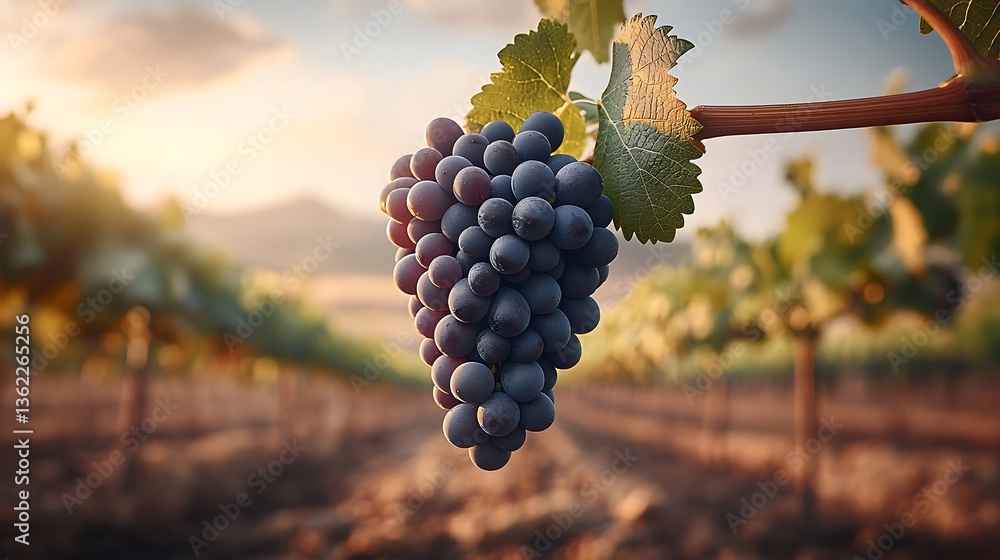 Naklejka premium Ripe Purple Grapes on Vine at Sunset