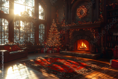 Cozy Christmas living room with warm fireplace and tree