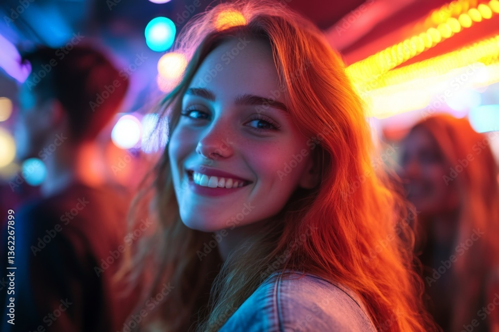 Young woman enjoying a lively night out in vibrant neon lights at a social event Young woman enjoying a lively night out in vibrant neon lights at a social event