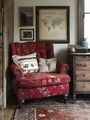 Cozy corner w/ red patterned armchair, wooden furniture, & framed art