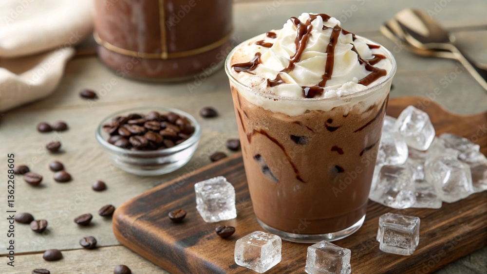 A tall glass of chocolate frappe with whipped cream and syrup, surrounded by coffee beans and ice, showcasing a refreshing drink.
A tall glass of chocolate frappe with whipped cream and syrup, surrounded by coffee beans and ice, showcasing a refreshing drink.