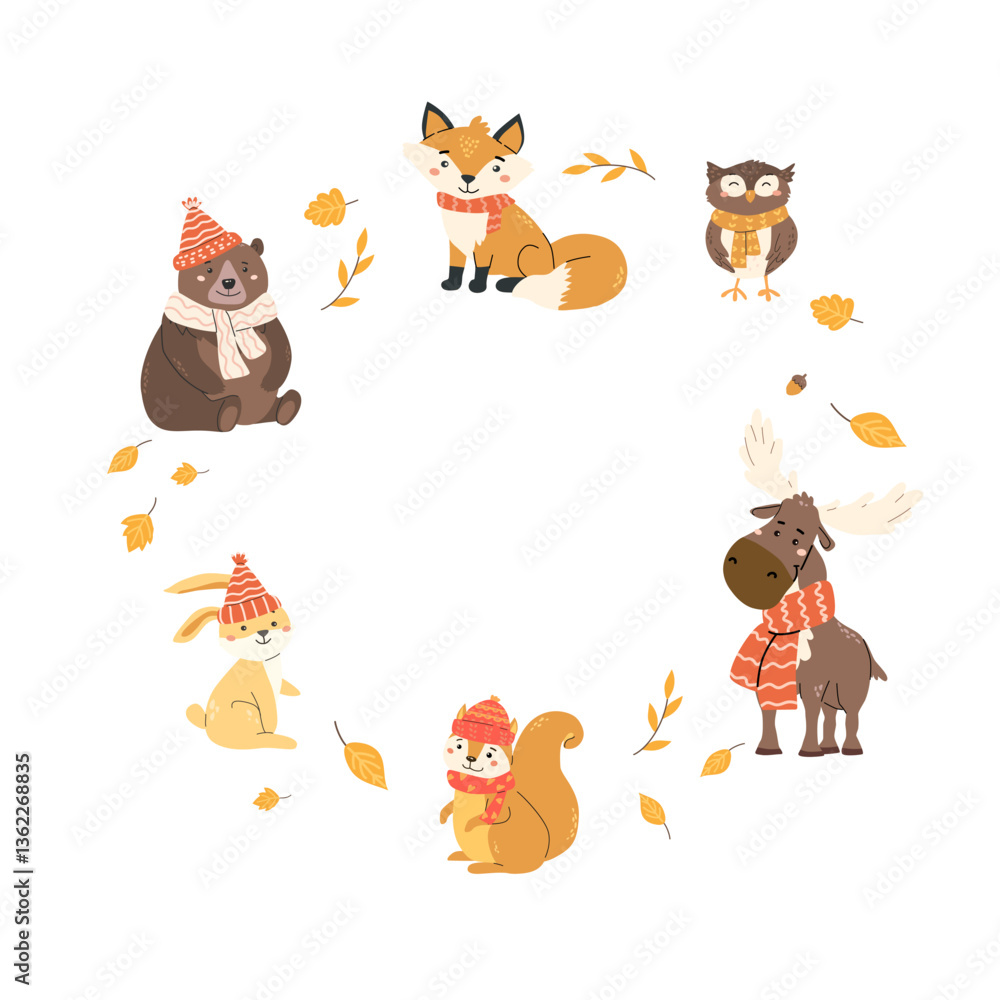 Obraz premium Adorable forest animals in autumn attire surrounded by falling leaves for seasonal greeting card design.