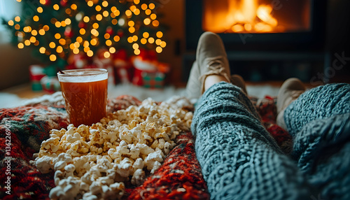 Cozy holiday scene feet up, blanket, popcorn, drink, tree, fireplace