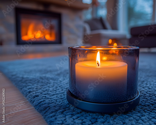 Cozy home Candlelight glows warmly near fireplace Serene living room ambiance