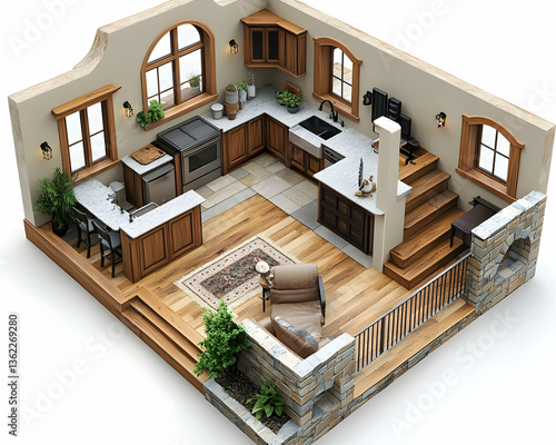 Cozy kitchen & living space with natural light and classic, warm design elements