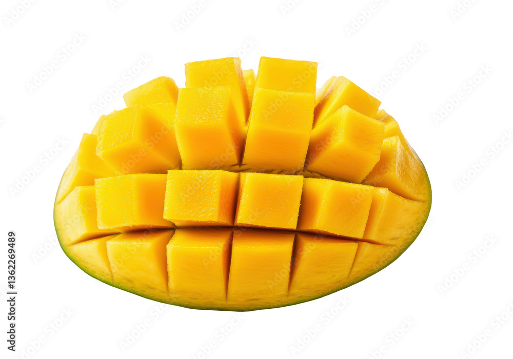 A mango half cut into cubes, each piece perfectly shaped, slightly lifted from the skin, with fresh juice droplets visible, isolated on a solid white background. A mango half cut into cubes, each piece perfectly shaped, slightly lifted from the skin, with fresh juice droplets visible, isolated on a solid white background.