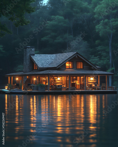 Cozy lake house at dusk Lights reflect on water Wooded backdrop