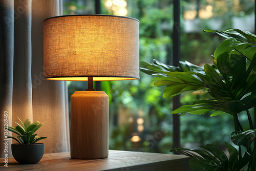 Cozy lamp shines by the window, next to a small plant and leafy foliage