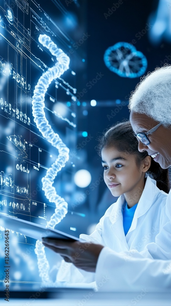 Older Black female professor mentors young student in advanced DNA research lab