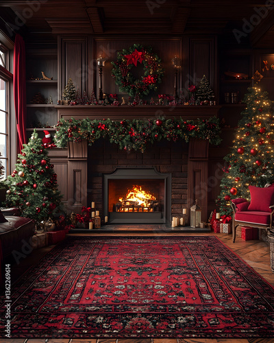Cozy living room decorated for the holidays with fireplace, trees, and garland in red and green