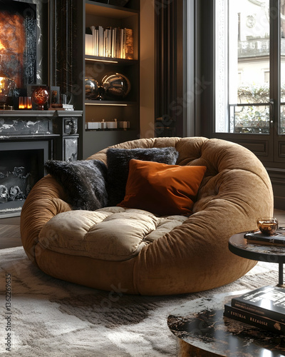 Cozy living room boasts a fluffy chair, pillows, fireplace, and views from the window