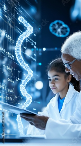 Obraz na płótnie Older Black female professor mentors young student in advanced DNA research lab w salonie