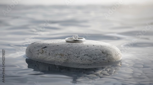 A close-up view of a silver engagement ring resting on a smooth stone in calm water, symbolizing love and commitment