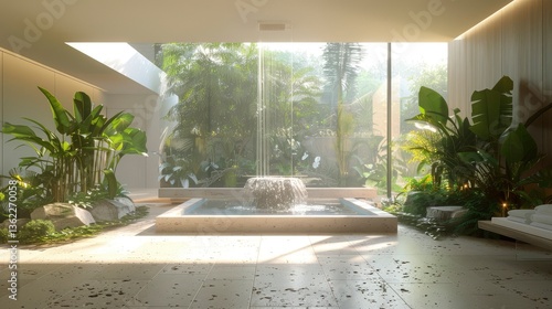 Serene indoor garden with a cascading water fountain, surrounded by lush greenery and sunlight