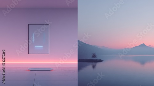 Minimalist artwork juxtaposes futuristic digital art with serene lakeside sunrise