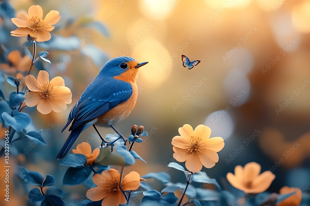 Vibrant Bluebird Among Yellow Flowers with Fluttering Butterfly Vibrant Bluebird Among Yellow Flowers with Fluttering Butterfly