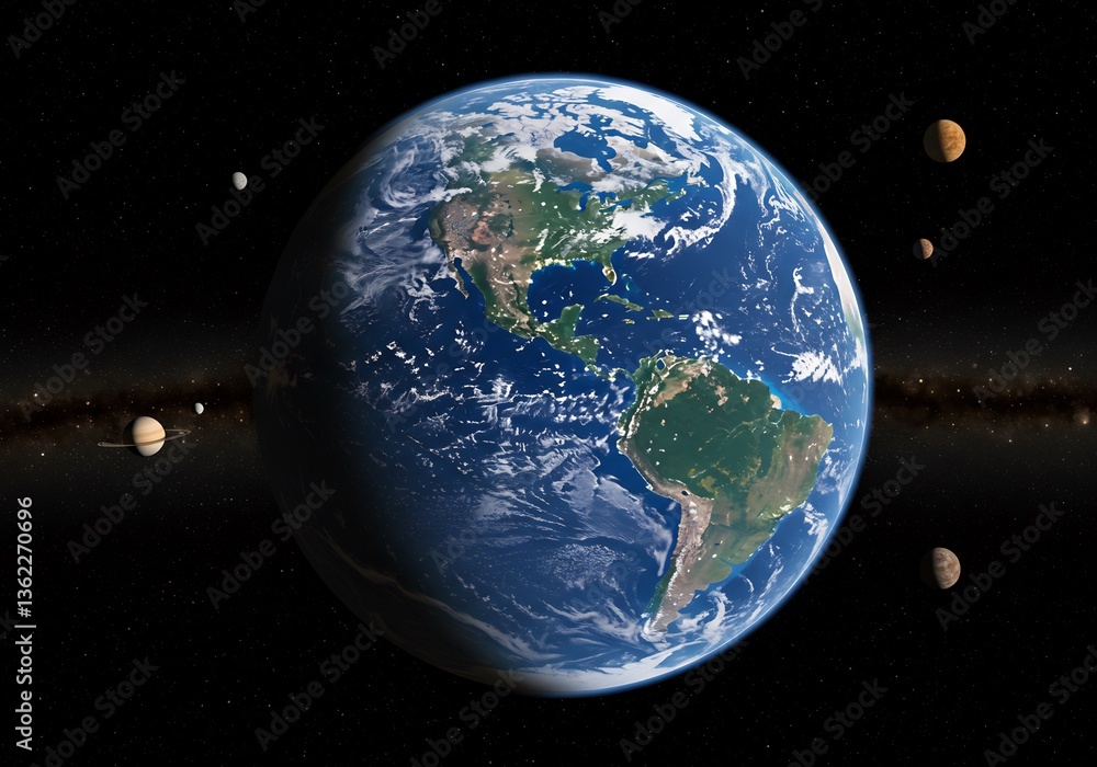 Obraz premium 宇宙空間 青い地球 輝く星々 神秘的風景