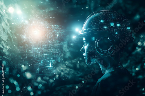 Tech‑infused portrait of an engineer in a helmet exploring a glowing digital cavern, mixing industry, exploration, and data‑driven discovery.
