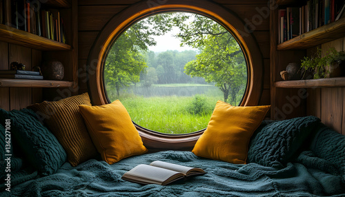 Cozy reading nook pillows, book, forest view through round window, bookshelves