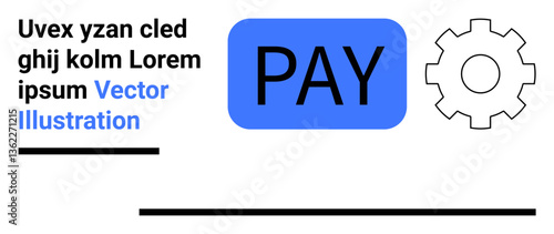 Blue rectangular payment button labeled PAY next to cogwheel for customization or system integration. Ideal for payment processes, automation, fintech, apps, e-commerce, business tools, simple