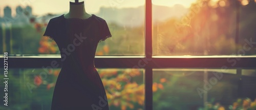 Elegant black dress displayed on a mannequin by a sunlit window with a blurred nature backdrop