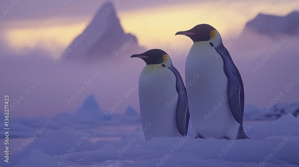Fototapeta premium Two penguins standing together on a snowy icy landscape
