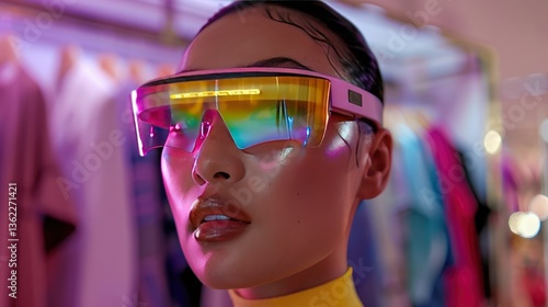 A stylish model showcasing vibrant futuristic sunglasses in a colorful boutique setting