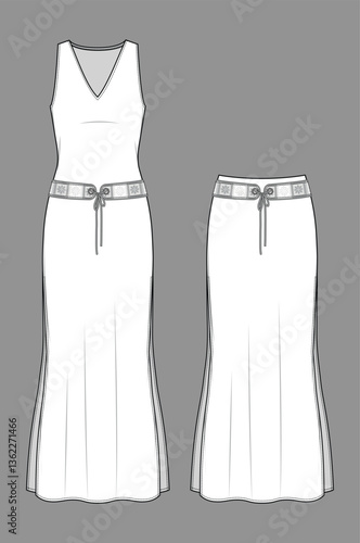 Vector maxi dress and skirt technical drawing, woman V-neck tight fit dress with decorative belt fashion CAD, sketch, template, flat. Jersey or woven fabric dress and skirt for girl, white color