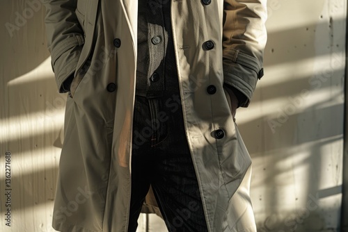 A person in a stylish trench coat stands against a sunlit wall, casting shadows, evoking a sense of mystery