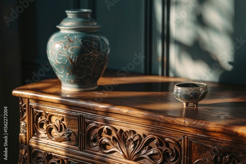 Elegant wooden table showcasing a decorative vase and a small bowl, illuminated by soft sunlight