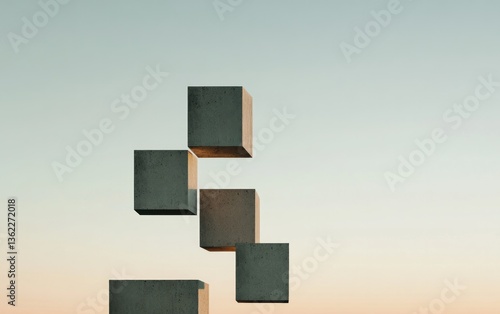 Abstract image of grey concrete cubes levitating against a pale sunset sky. The cubes are speckled and textured, creating a sense of balance and instability