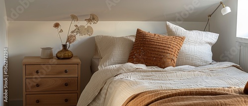 Cozy bedroom with textured bedding, decorative pillow, and natural light from window