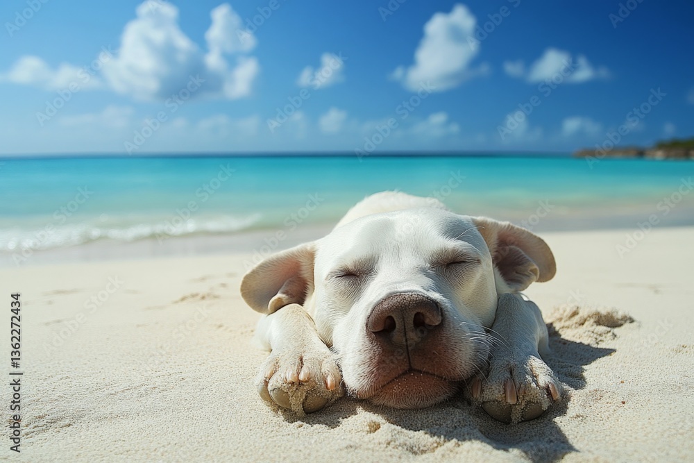 Happy dog resting on a sandy beach under a clear blue sky with gentle waves in the background Happy dog resting on a sandy beach under a clear blue sky with gentle waves in the background