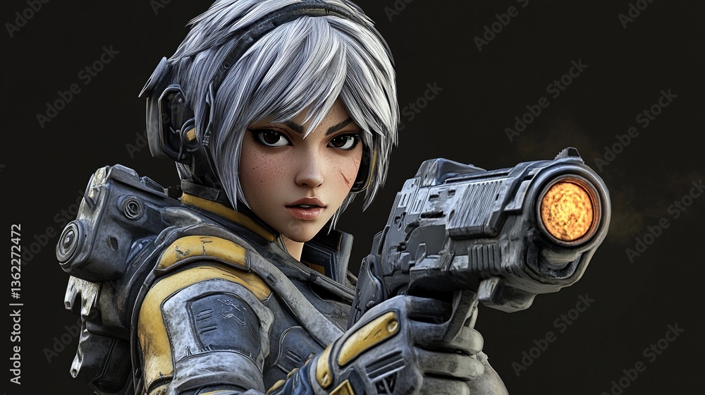 Close-up of a female soldier aiming futuristic pistol. Close-up of a female soldier aiming futuristic pistol.