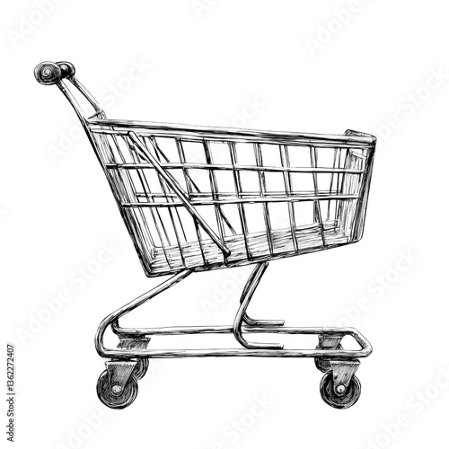 Shopping Cart Sketch: A detailed black and white sketch of an empty shopping cart, perfect for symbolizing retail, commerce, and consumerism. 
