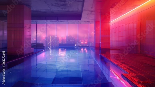 Serene indoor swimming pool at twilight with neon lights and city skyline reflections