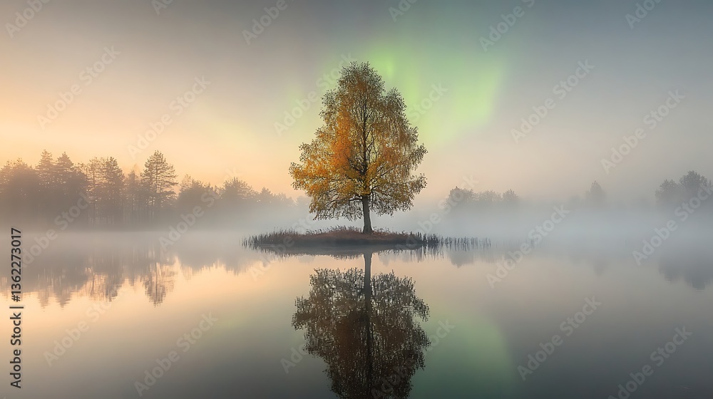 Autumn tree with misty lake, and aurora. Autumn tree with misty lake, and aurora.