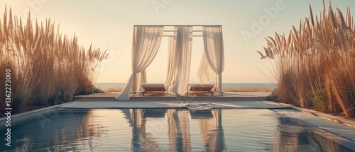 Serene beachfront scene with elegant drapery, sun loungers, and tranquil water at sunset