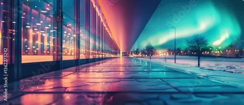 Vibrant cityscape at night with colorful lights reflecting on wet pavement under aurora skies