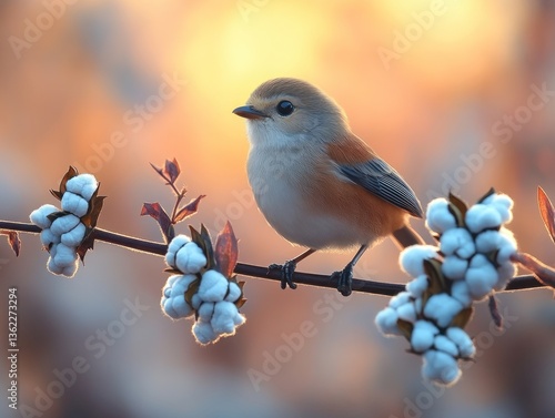 Small bird perched on a branch with fluffy white flowers, bathed in warm sunset light