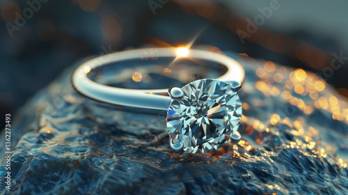 Sparkling diamond ring resting on a textured rock surface, reflecting light with a blurred background
