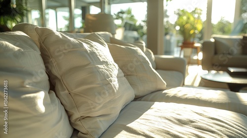 Cozy living room with soft pillows on a sunlit sofa, showcasing a tranquil atmosphere and greenery