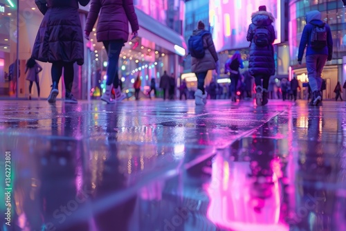 People walking on a wet street at night, illuminated by colorful lights in a vibrant urban setting